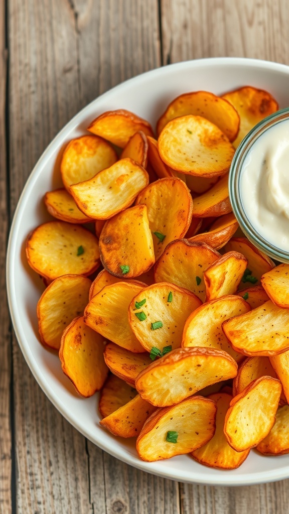 Healthy Baked Potato Chips Recipe Crispy baked potato chips on a plate with herbs and a bowl of dip.